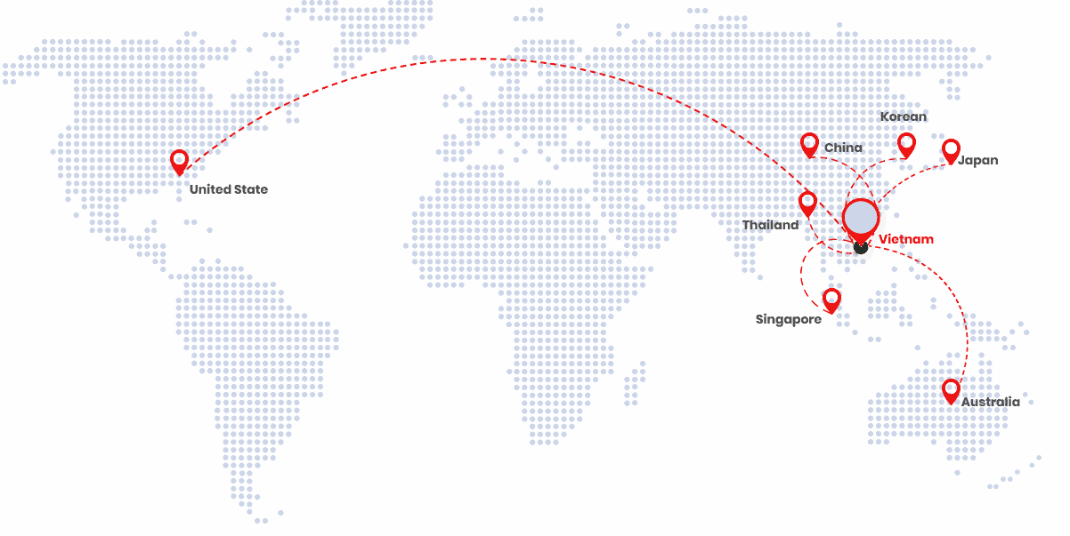 World map: IRIS clients come from the United States, China, Korea, Japan, Thailand, Singapore and Australia, and work with IRIS in Vietnam